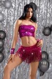 Women sequined top and tassel sequined skirt two-piece set