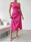 Women Spring and Summer Elegant Sexy Sleeveless One Shoulder Slash Shoulder Solid Slit Dress