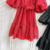 Women Round Neck Vintage Jacquard Puff Sleeve Casual Belt Dress