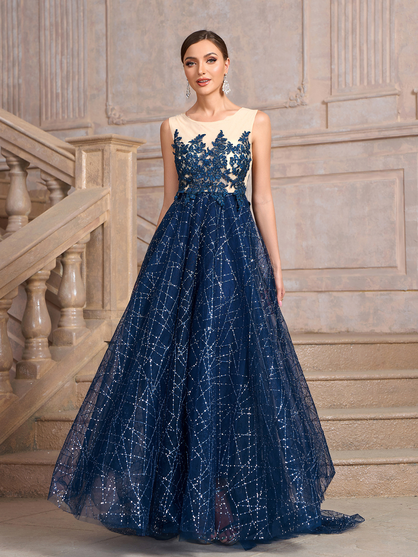 Women blue Round Neck Mesh sequin patchwork dinner dress