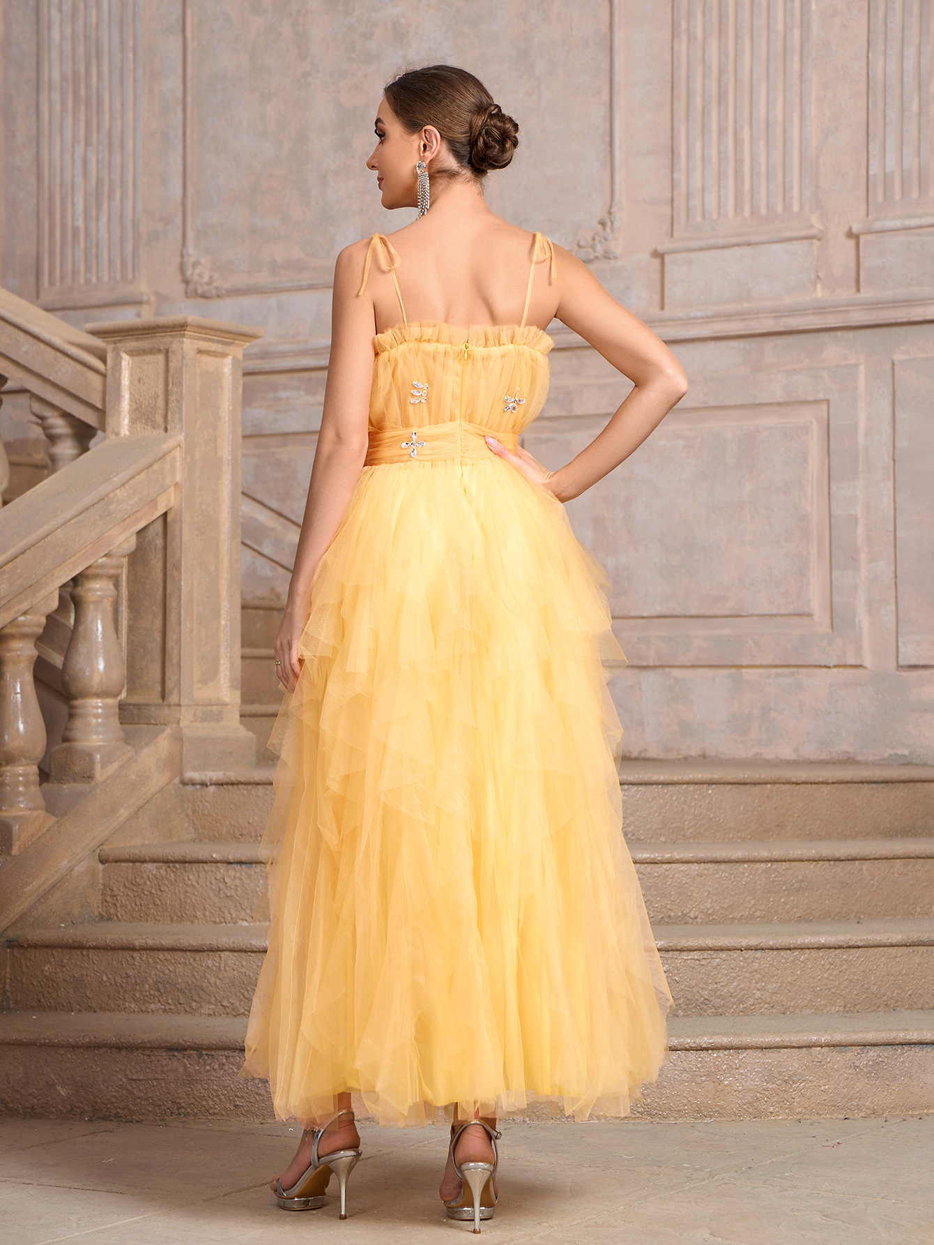 Women yellow suspender Strapless diamond irregular mesh elegant dinner dress