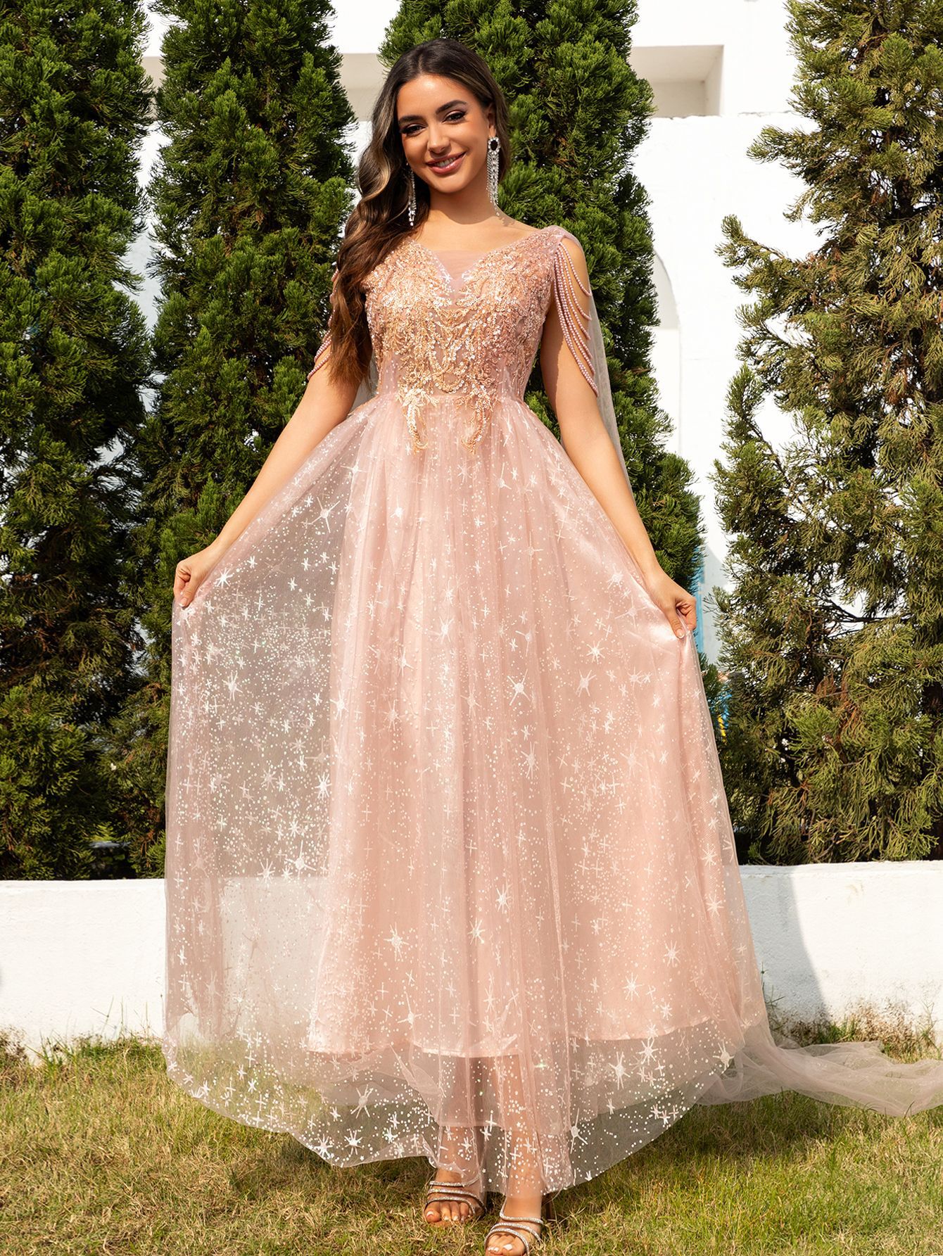 Women pink mesh sequin patchwork formal dinner dress