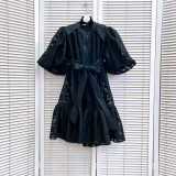 Women Round Neck Vintage Jacquard Puff Sleeve Casual Belt Dress