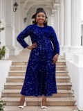 Women Round Neck Long Sleeve Solid Sequin Maxi Dress