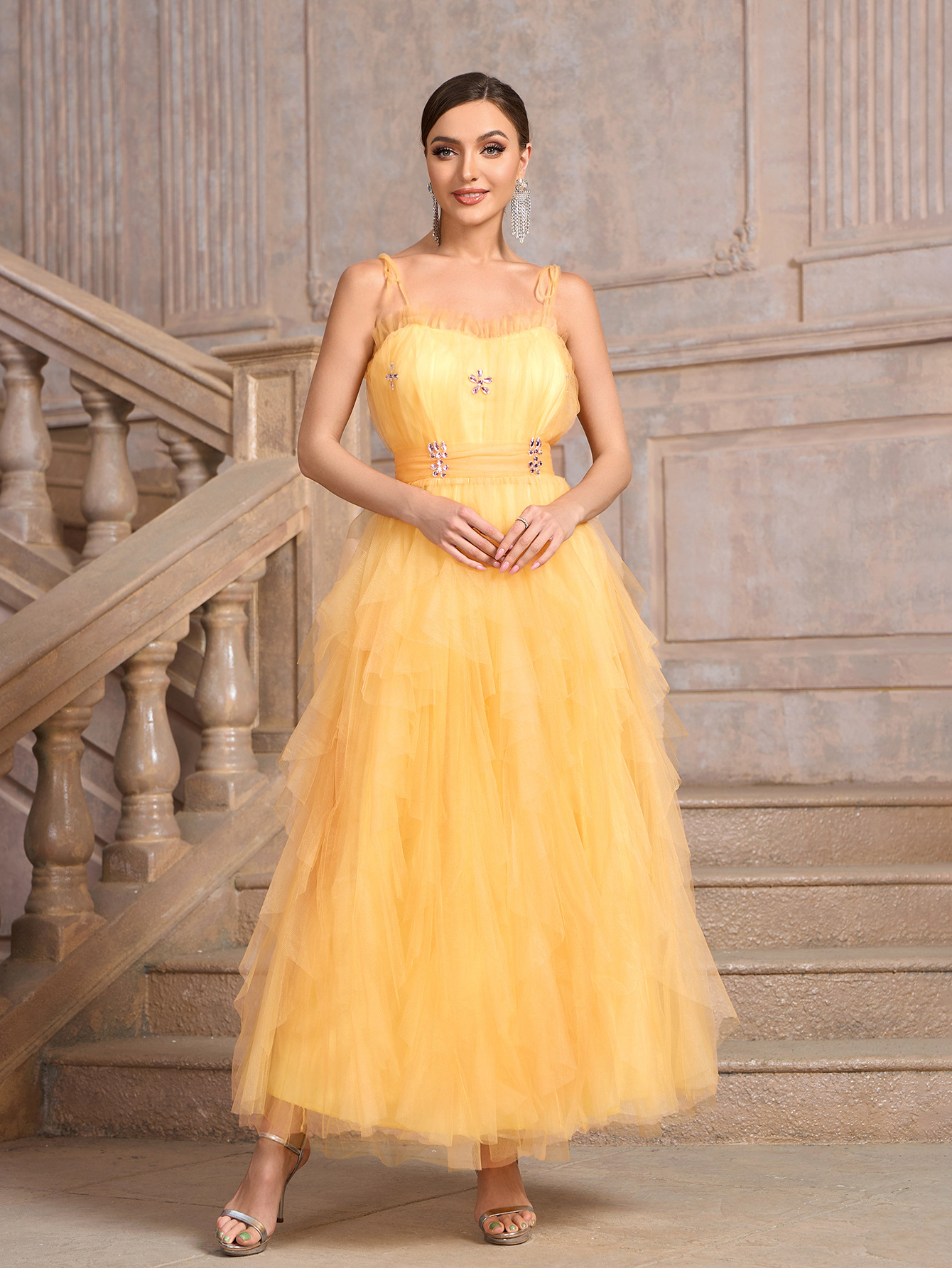 Women yellow suspender Strapless diamond irregular mesh elegant dinner dress