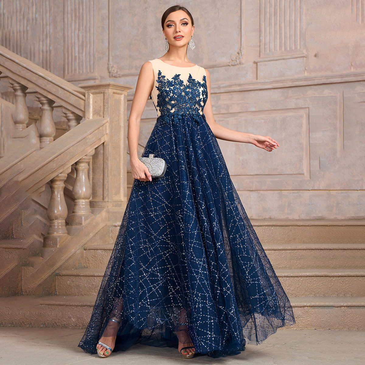 Women blue Round Neck Mesh sequin patchwork dinner dress
