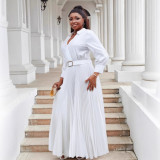 Plus Size Women V-Neck Long Sleeve Solid Pleated Dress with Belt