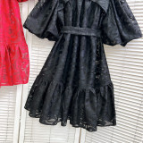 Women Round Neck Vintage Jacquard Puff Sleeve Casual Belt Dress