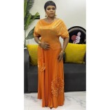 Plus Size African Women Casual Pleated Top and Skirt Two-Piece Set