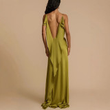 Spring/Summer Strap Backless Slit Dress Casual Loose Satin Holiday Dress