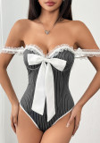 Women's Striped Bow Patchwork Camisole Lace Trim Slim Fitted Bodysuit