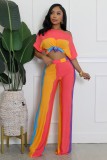 African Print Plus Size Casual Multi-Color Wide Neck Short-Sleeve Two-Piece Pants Set