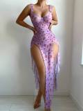 Sexy Lingerie Women's Printed Low-Back Slit Nightgown Set