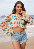 Spring/Summer Round Neck Striped Cover-Up Knit Top