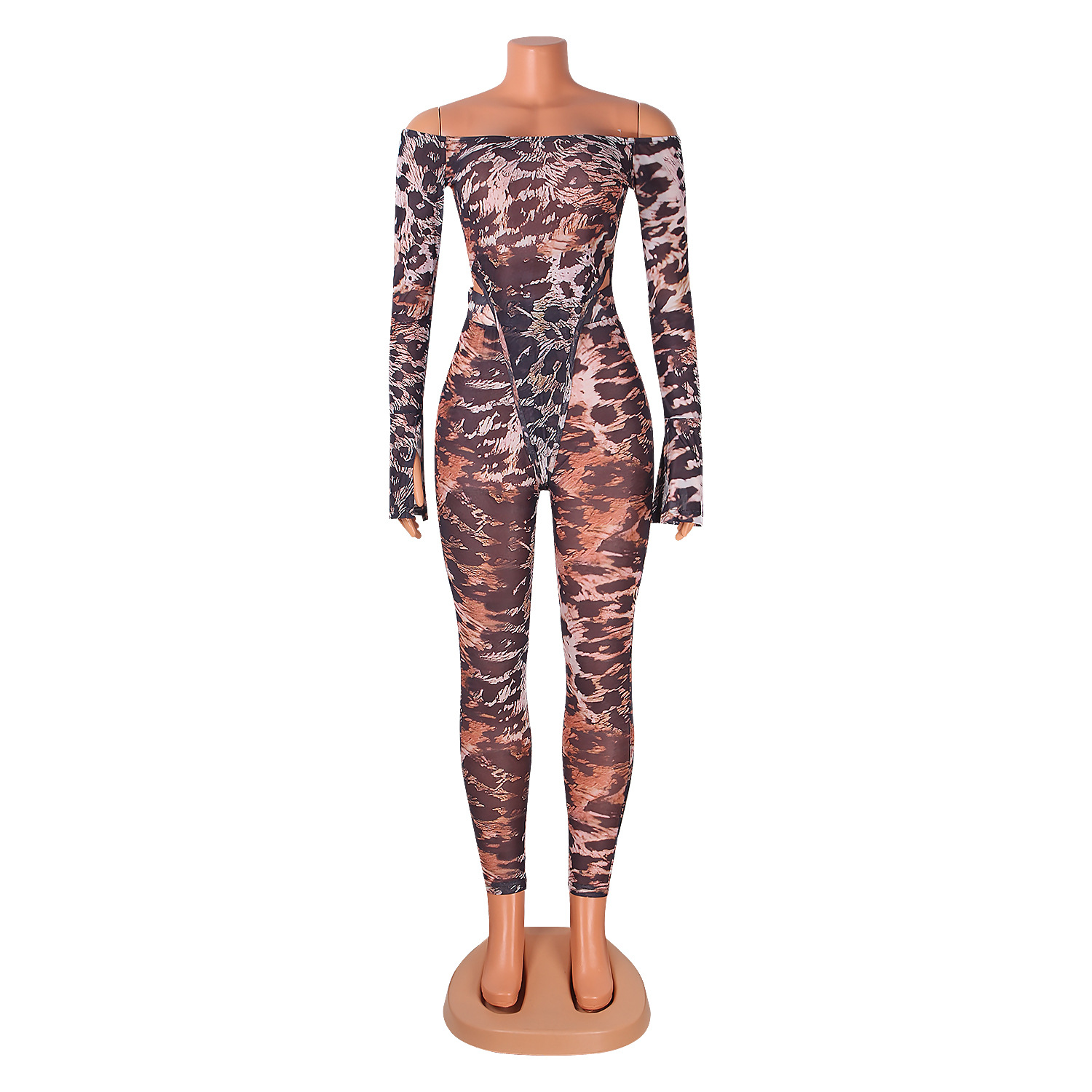 Fashionable and Sexy Mesh Leopard Print Bodysuit Slim Pants Two-Piece Set for Women