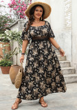 Spring Square Neck Print Plus Size Short-Sleeve Dress