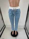 Spring/Summer Denim Print Contrast Pocket Elastic Waist Casual Straight-Leg Pants