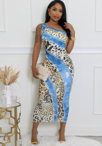 Women's One-Shoulder Slash Neck Leopard Print Bodycon Dress