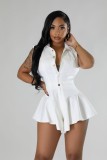 Summer Solid Sleeveless Slim Waist Turndown Collar Wide-Leg Short Jumpsuit