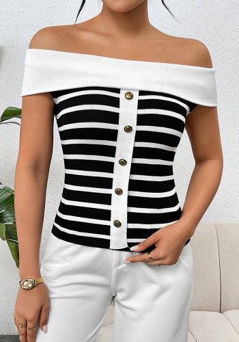 Spring/Summer Women's Fashion Long-Sleeve Striped Off-Shoulder Knit Top