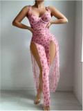 Sexy Lingerie Women's Printed Low-Back Slit Nightgown Set
