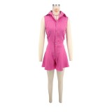 Summer Solid Sleeveless Slim Waist Turndown Collar Wide-Leg Short Jumpsuit
