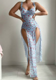 Sexy Lingerie Women's Printed Low-Back Slit Nightgown Set
