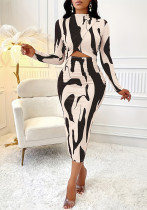 Women's Fashion Elegant Round Neck Zebra Print Irregular Long-Sleeve Bodycon Dress