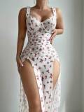 Sexy Lingerie Women's Printed Low-Back Slit Nightgown Set