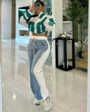 Spring/Summer Denim Print Contrast Pocket Elastic Waist Casual Straight-Leg Pants