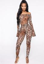 Fashionable and Sexy Mesh Leopard Print Bodysuit Slim Pants Two-Piece Set for Women Fashionable and Sexy Mesh Leopard Print Bodysuit Slim Pants Two-Piece Set for Women