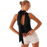 Halter Neck Camisole Summer Solid Color Deep V Tie Sleeveless Low-Back Top
