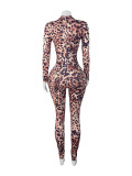 Women Leopard Zipper Print Jumpsuit