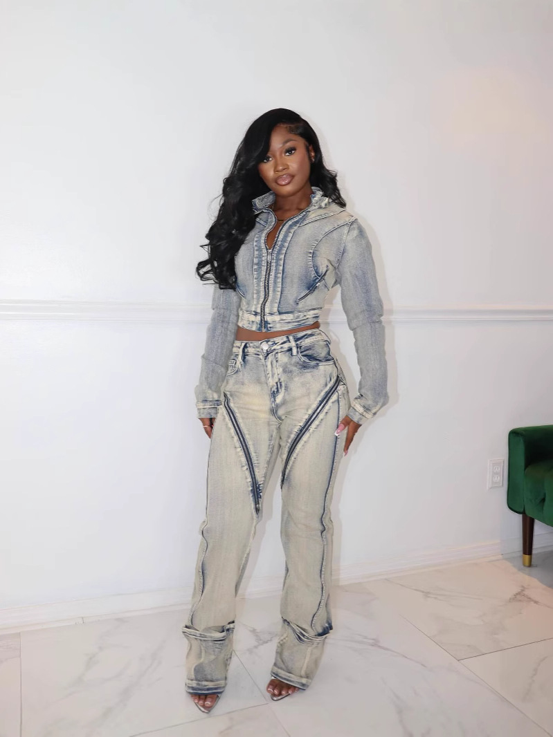 Women Spring Sexy Stretch Washed Zipper Denim Jacket Top and PantsTwo Piece Set