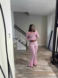 Women Sexy Lace Ripped See-Through Long Sleeve Crop Top and Pants Two Piece Set