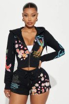 Women's Spring/Summer Print Fashion Casual Hooded Zip Long Sleeve Hooded Sports Two Piece Shorts Set Women's Spring/Summer Print Fashion Casual Hooded Zip Long Sleeve Hooded Sports Two Piece Shorts Set