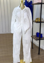 Women Summer Turndown Collar Patch Pocket Long Sleeve Shirt and Straight PantsTwo Piece Set Women Summer Turndown Collar Patch Pocket Long Sleeve Shirt and Straight PantsTwo Piece Set