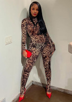 Women Sexy Contrast Leopard Round Neck Long Sleeve Jumpsuit Women Sexy Contrast Leopard Round Neck Long Sleeve Jumpsuit