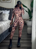 Women Leopard Zipper Print Jumpsuit