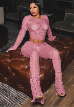 Women Sexy Lace Ripped See-Through Long Sleeve Crop Top and Pants Two Piece Set Women Sexy Lace Ripped See-Through Long Sleeve Crop Top and Pants Two Piece Set