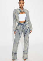 Women Spring Sexy Stretch Washed Zipper Denim Jacket Top and PantsTwo Piece Set
