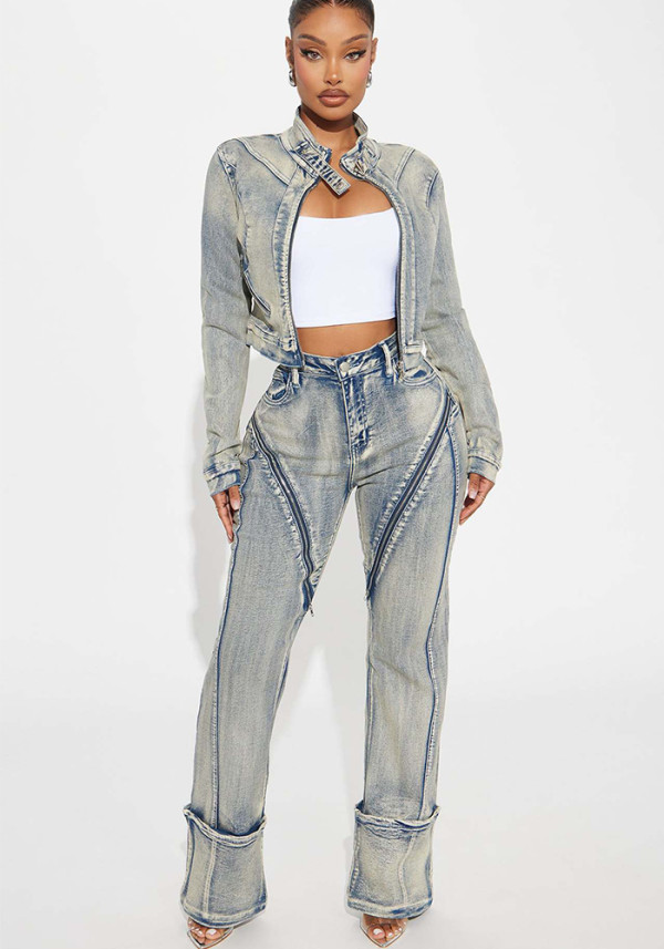 Women Spring Sexy Stretch Washed Zipper Denim Jacket Top and PantsTwo Piece Set
