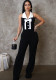 Women Fashion Contrast Sleeveless Button Jumpsuits