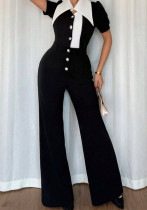 Women Fashion Contrast Sleeveless Button Jumpsuits
