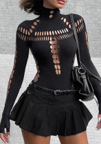 Women Hollow Ripped Hollow High Neck Bodysuit Women Hollow Ripped Hollow High Neck Bodysuit