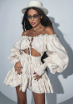 Women Spring Printed Off Shoulder Hollow Lace Lantern Sleeve Dress