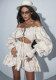Women Spring Printed Off Shoulder Hollow Lace Lantern Sleeve Dress