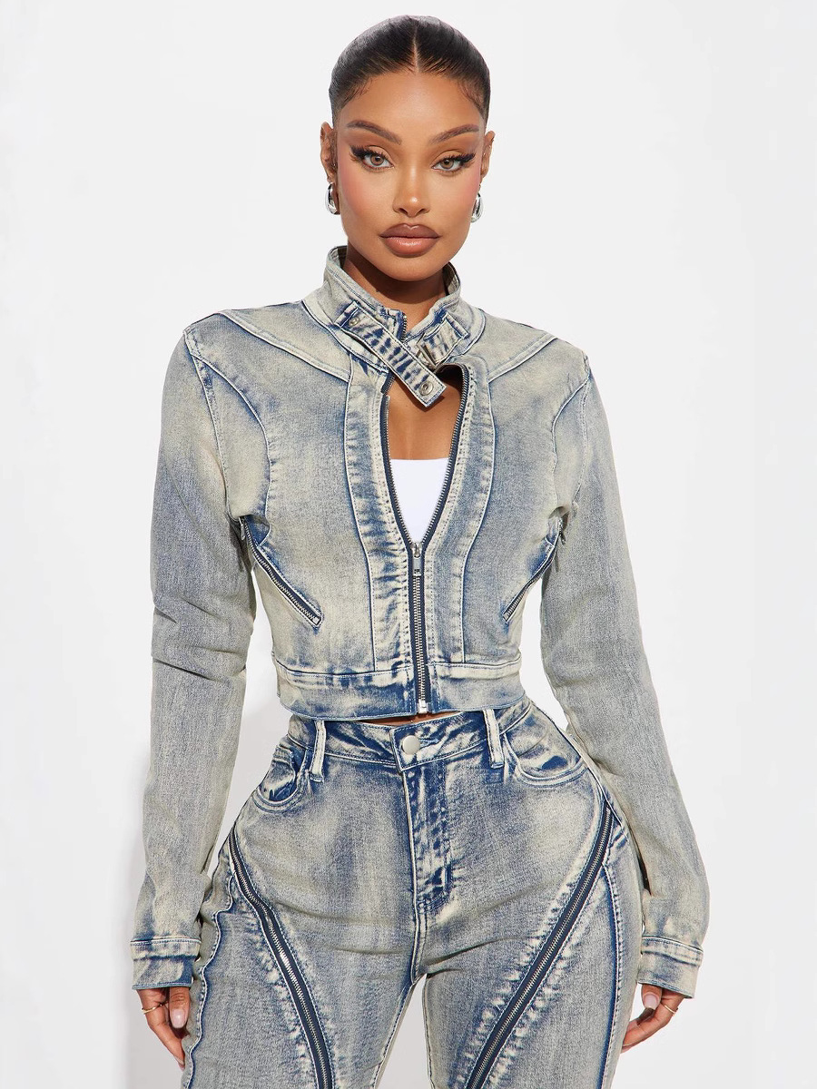 Women Spring Sexy Stretch Washed Zipper Denim Jacket Top and PantsTwo Piece Set