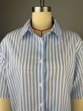 Women Summer Casual Turndown Collar Three-quarter Sleeve Striped Shirt and PantsTwo Piece Set