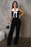 Women Fashion Contrast Sleeveless Button Jumpsuits
